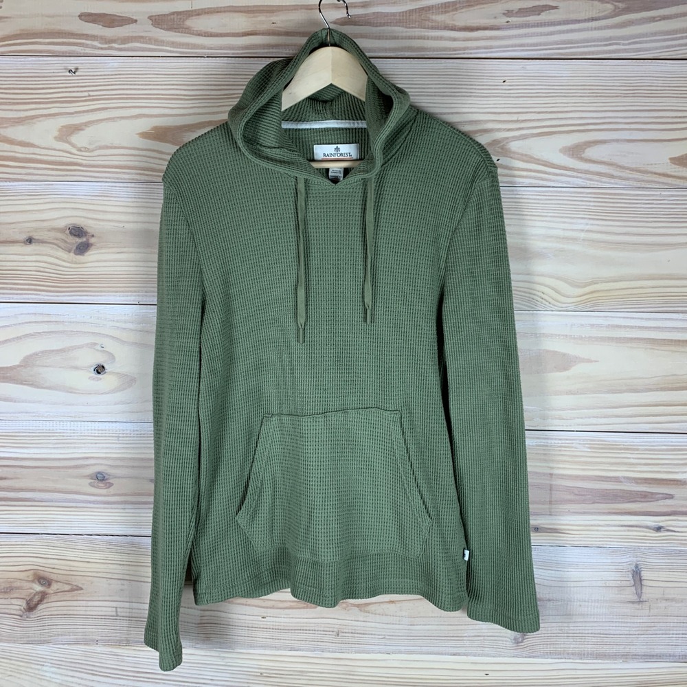 Rainforest Hoodie Mens Small Green Waffle Knit Pullover Thermal Sweatshirt